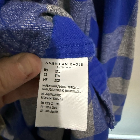AMERICAN EAGLE Flannel Shirt Men XXL Blue Gray Gingham Plaid Classic Fit Grunge - Picture 3 of 4